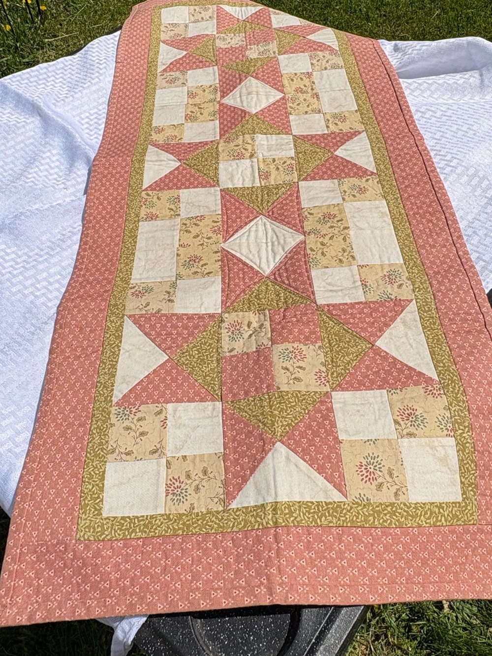 Hand Crafted Coral Pink and Cream Star Patchwork Table Runner 36x21